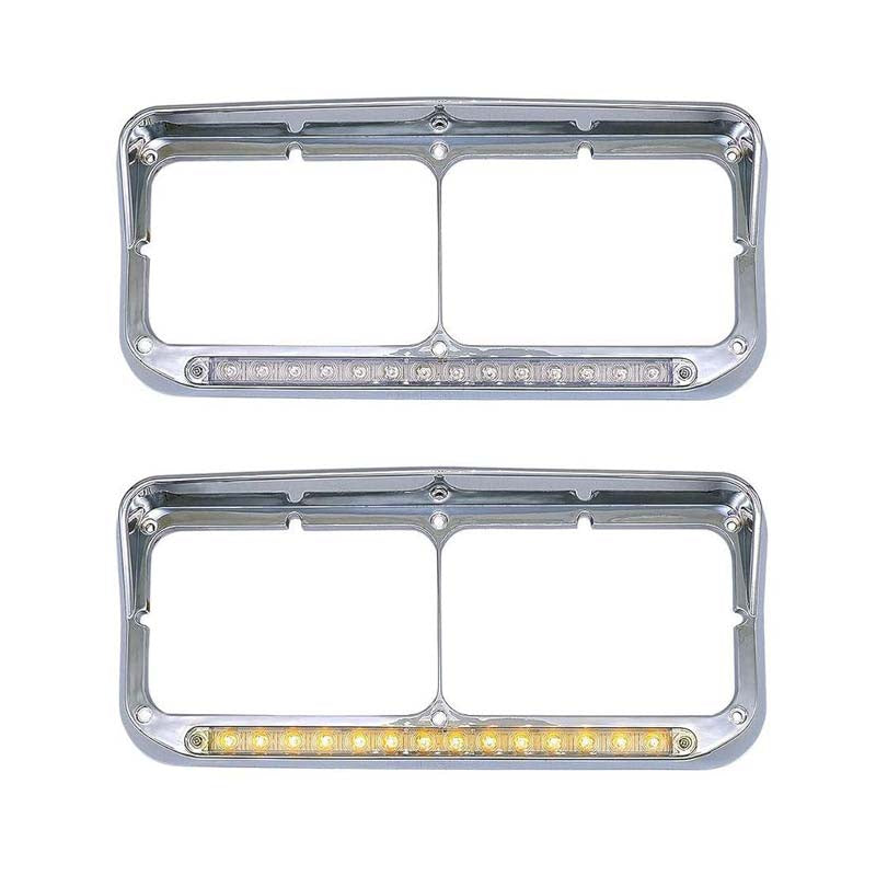 Chrome Headlight Bezels 12" Amber LED Light with Visor 4x6 Light Strip Replacement for Kenworth T400 T600 T800 W900B W900L