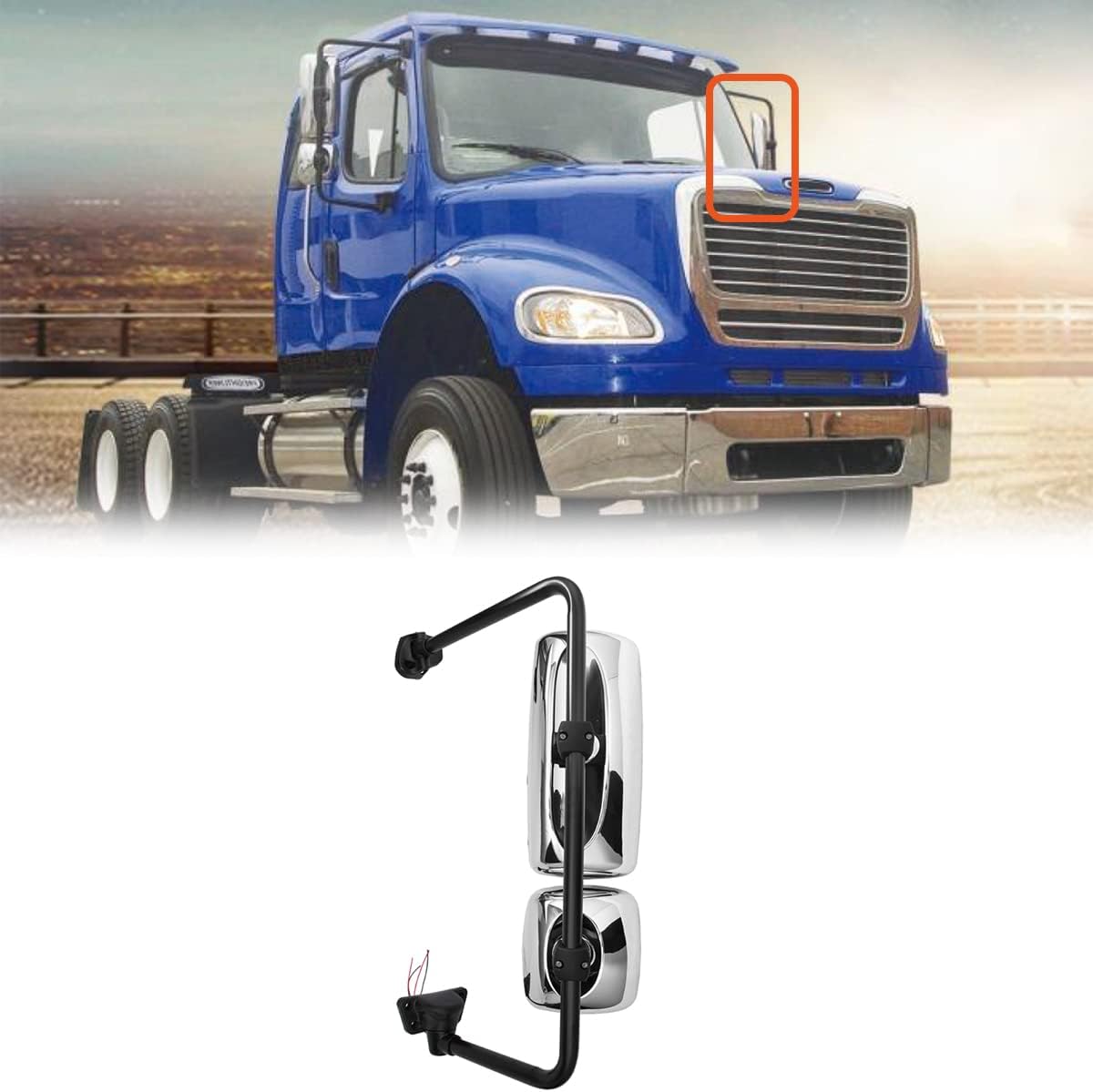 Defrost Heated Chrome Door Mirror for Freightliner M2, Side Mirror Assembly with Arm for Freightliner Columbia 2003-2016 Semi Trucks Accessories Driver Left Side