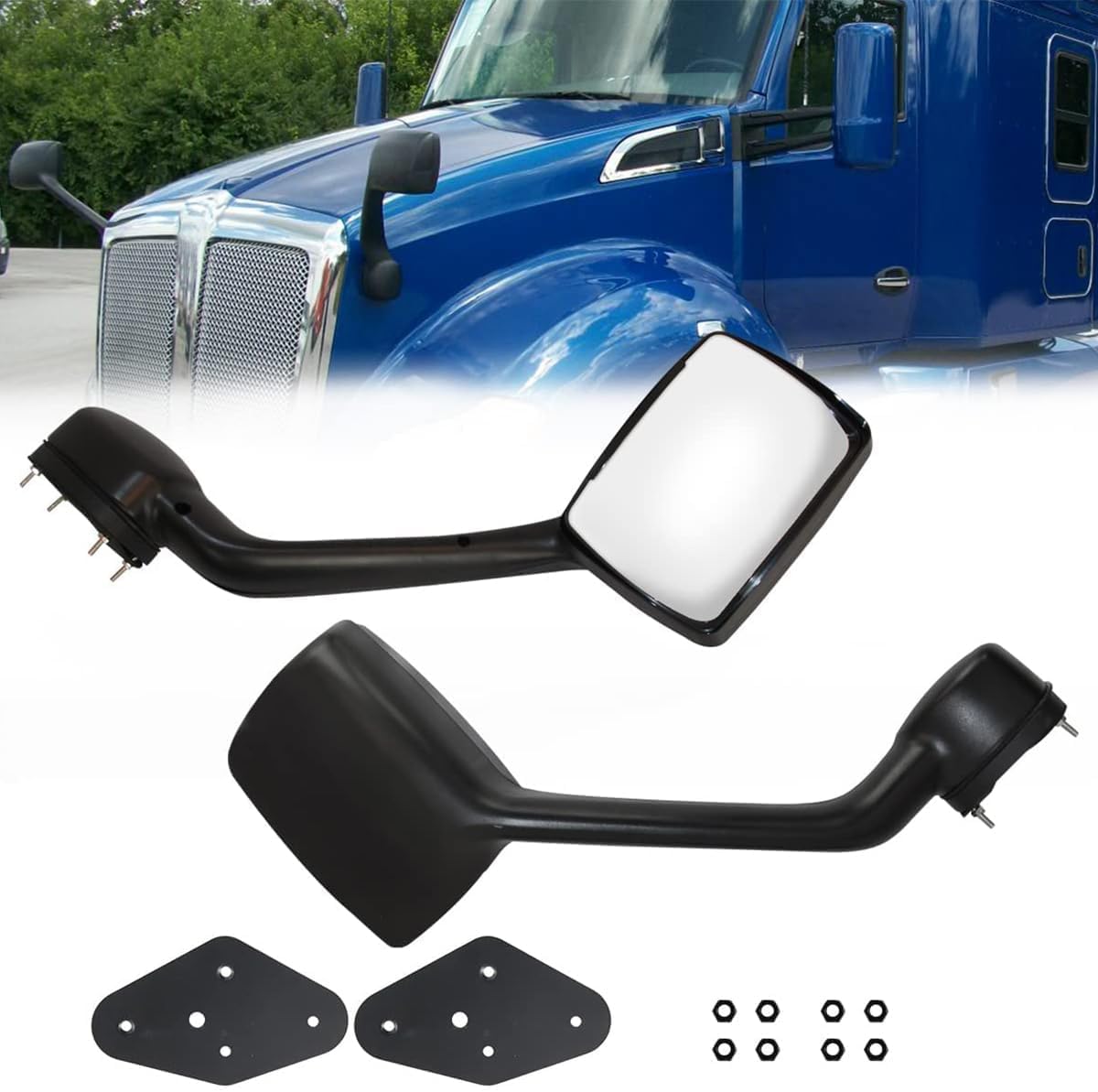 Left +Right Side Chrome Hood Mirrors for Kenworth T680 10+ Peterbilt 579 587 W/Mounting Kit