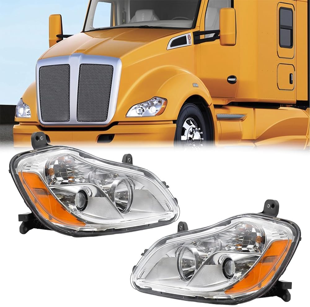 Headlight Assembly Fit for Kenworth T680 2013-2021, Halogen Headlights Headlamps W/Bulbs Chrome House A Pair of Headlight Assembly