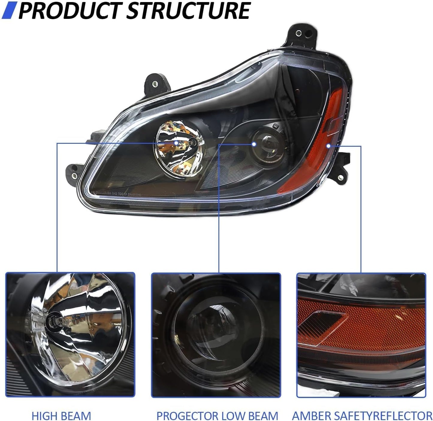 Headlight Assembly Fit for Kenworth T680 2013-2021, Halogen Headlights Headlamps W/Bulbs Chrome House Right Headlight Assembly