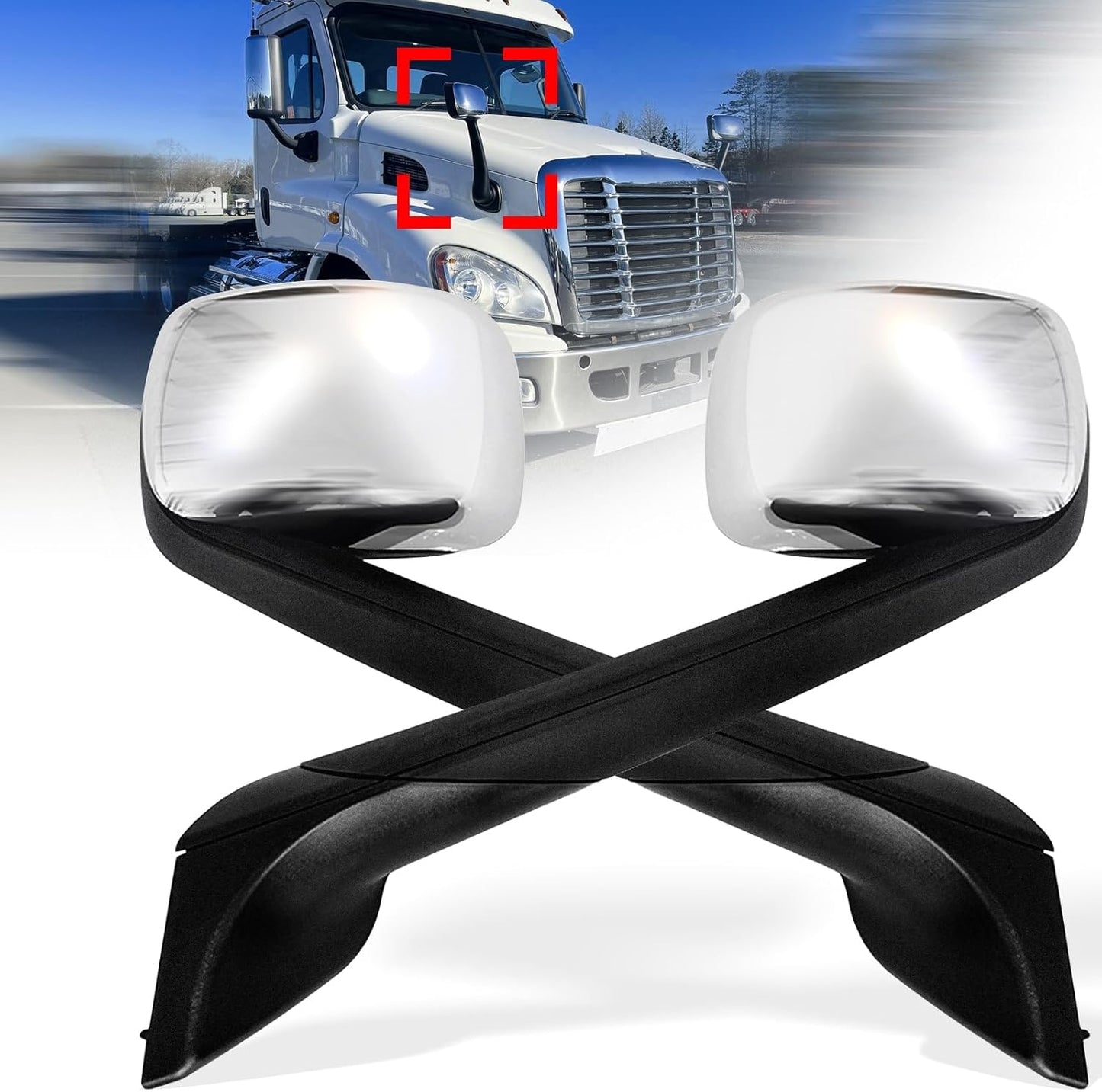 US Warehouse Local Stock Heated Pair Set Chrome Hood Mirror Fit for Freightliner New Cascadia 2018+ LH+RH Side