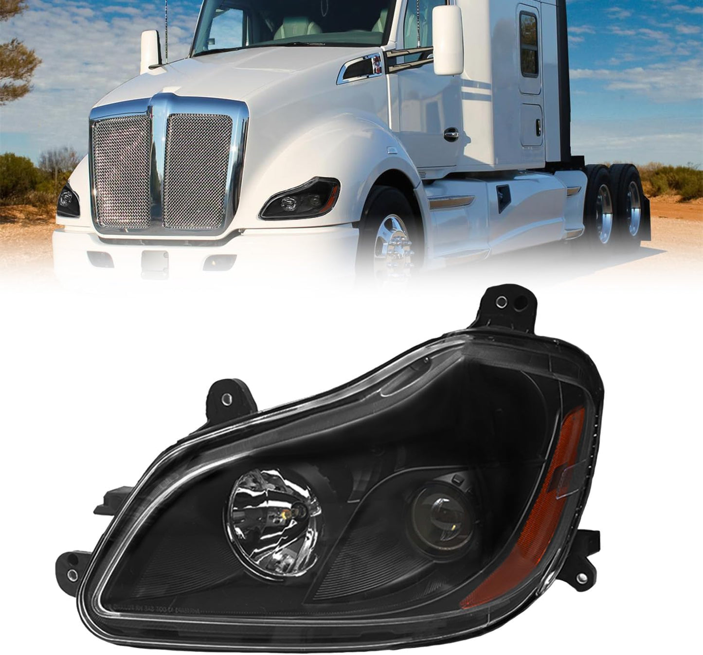 Headlight Assembly Fit for Kenworth T680 2013-2021, Halogen Headlights Headlamps W/Bulbs Black House Black, Left Headlight Assembly