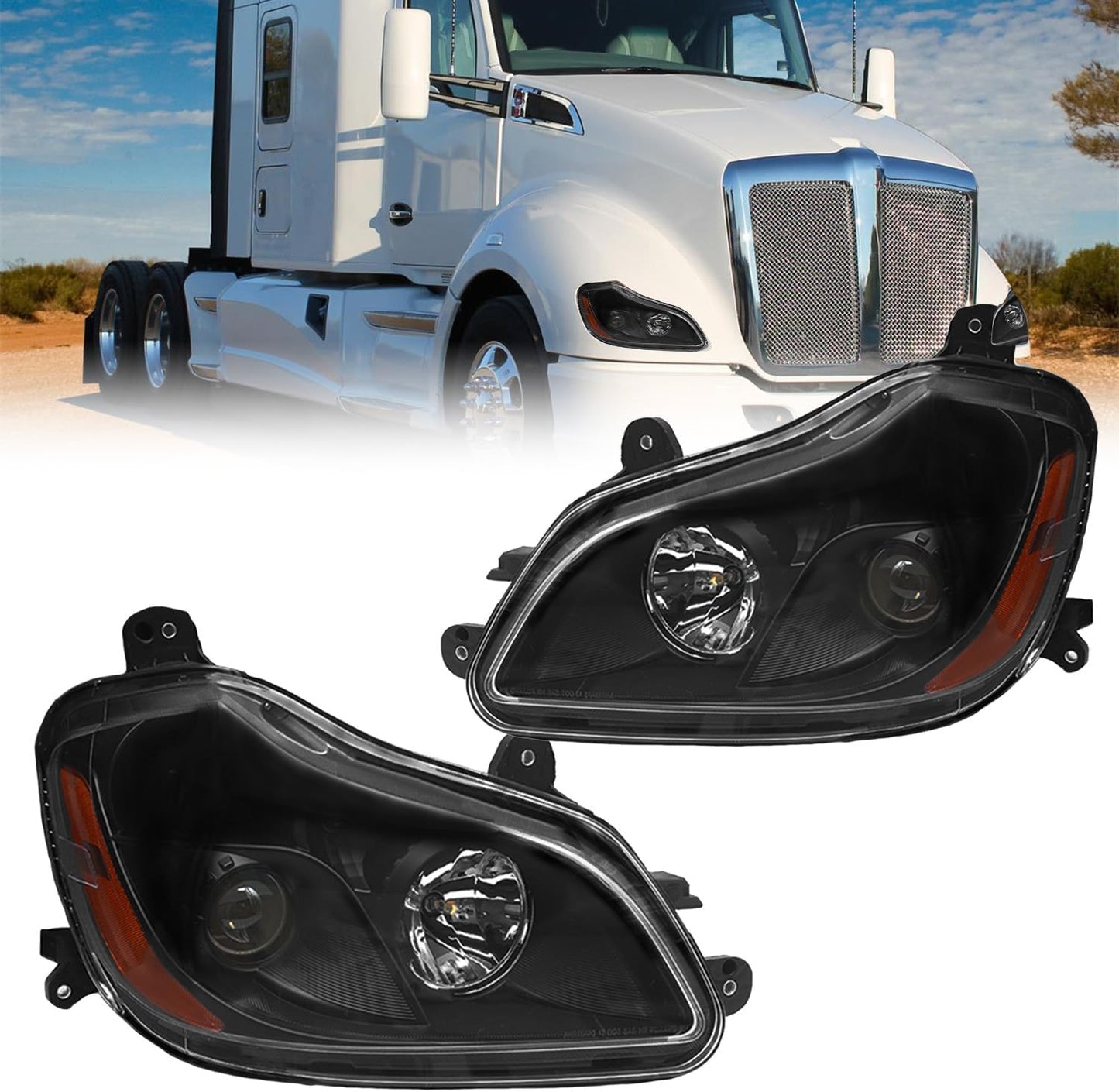 Headlight Assembly Fit for Kenworth T680 2013-2021, Halogen Headlights Headlamps W/Bulbs Black House Black, A Pair of Headlight Assembly