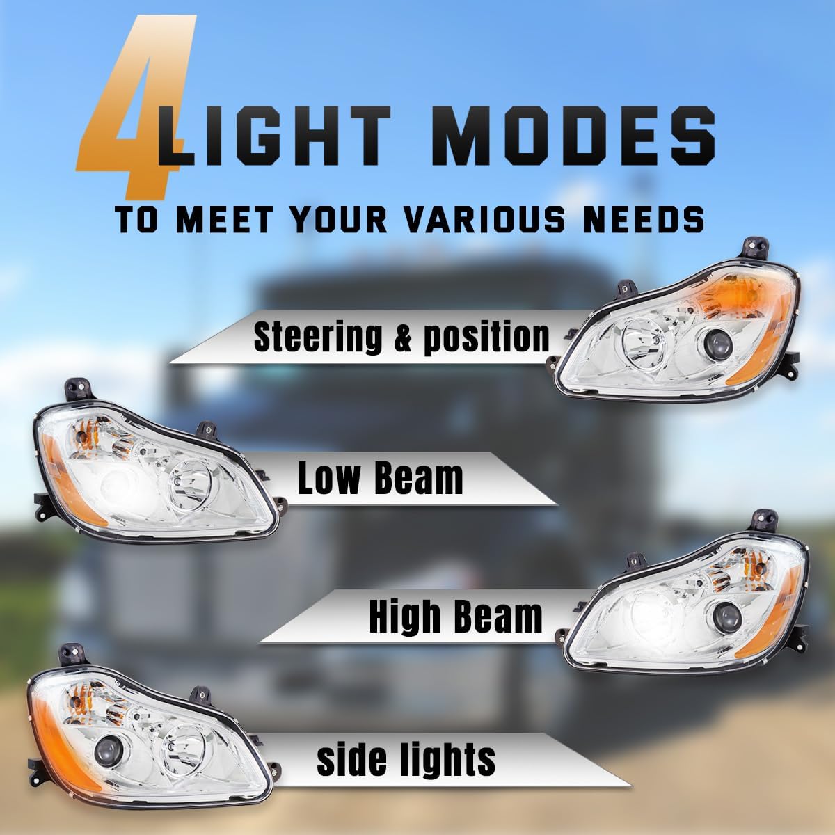 2013-2021, KENWORTH-T680 Headlight assembly, US version, halogen, with bulb, white frame, white cover, orange reflector, left+right
