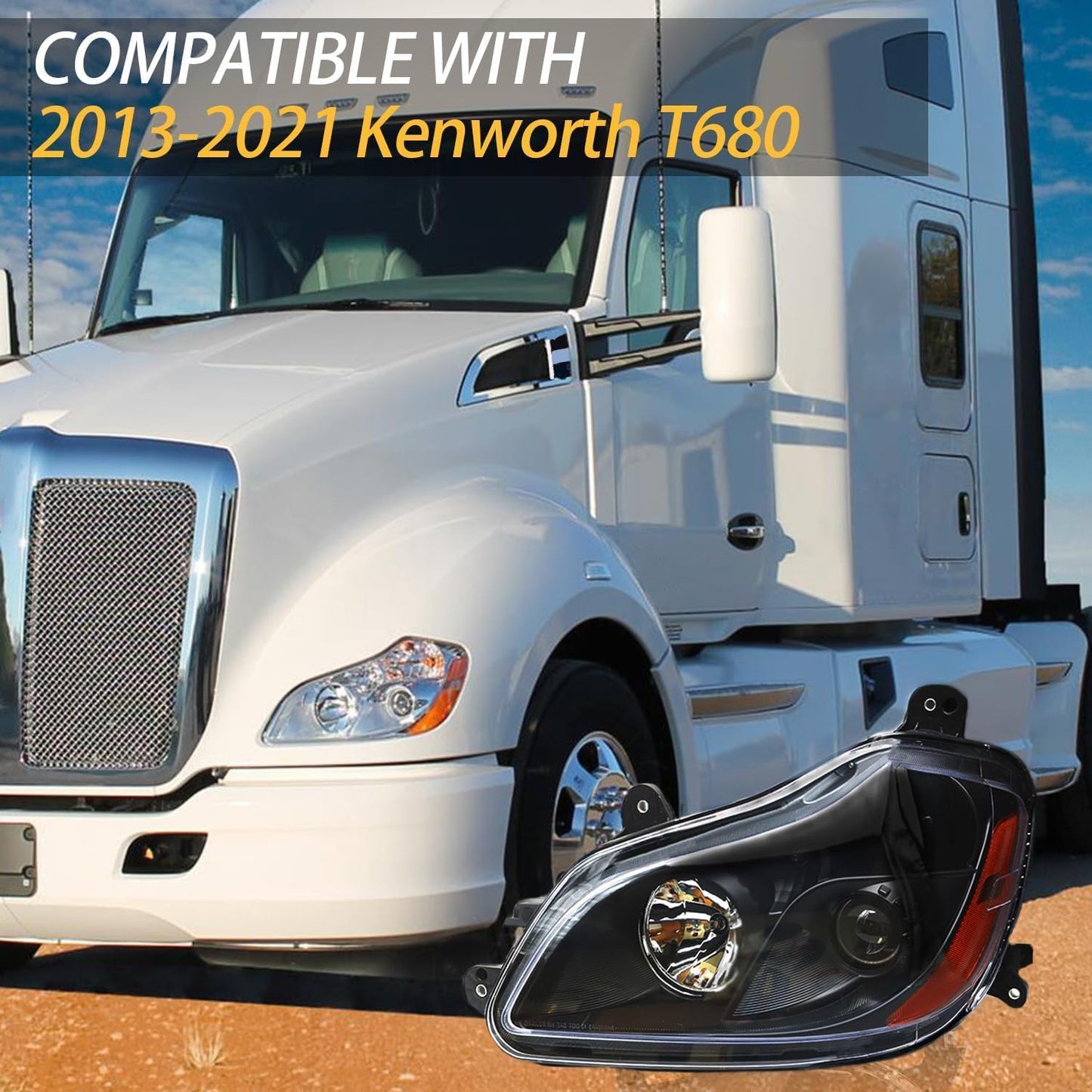Headlight Assembly Fit for Kenworth T680 2013-2021, Halogen Headlights Headlamps W/Bulbs Black House Black, A Pair of Headlight Assembly