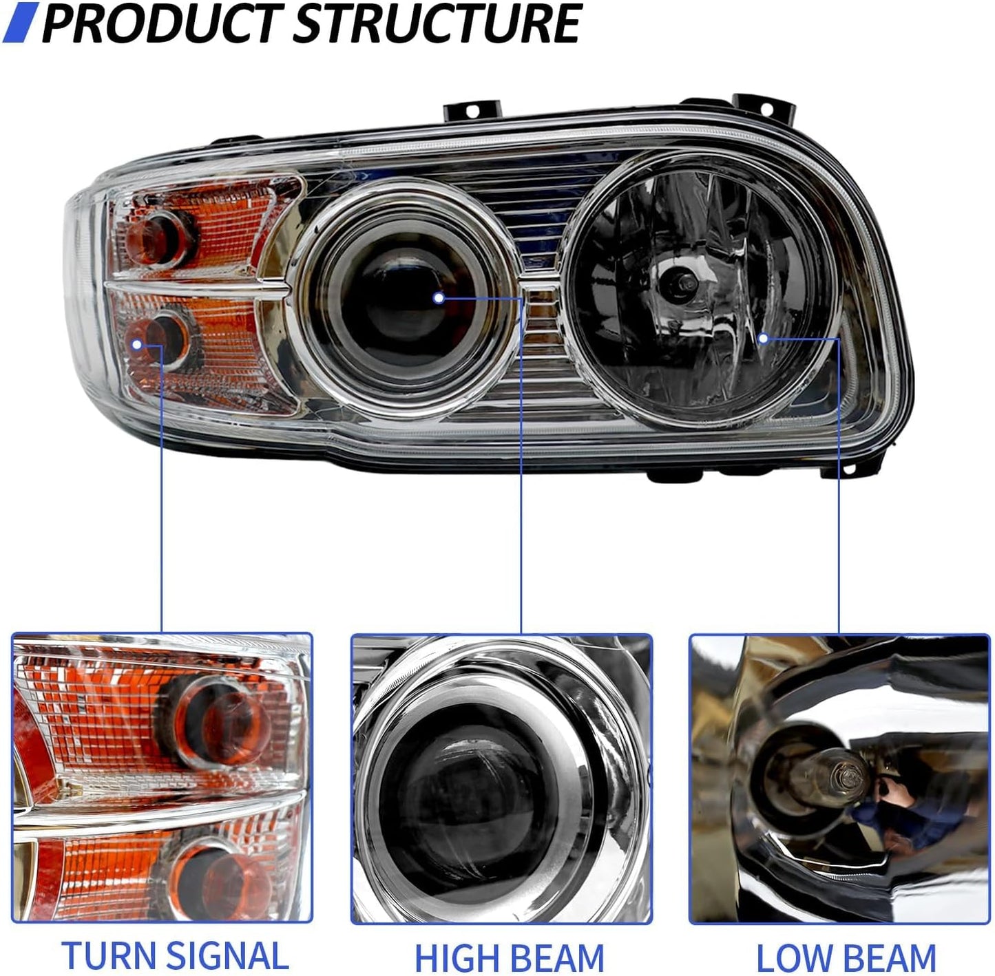 Headlight Assembly Fit for 2008-2018 Peterbilt 388-389, Halogen Headlights Headlamps W/Bulbs Chrome House (Pair of Headlight Assembly)