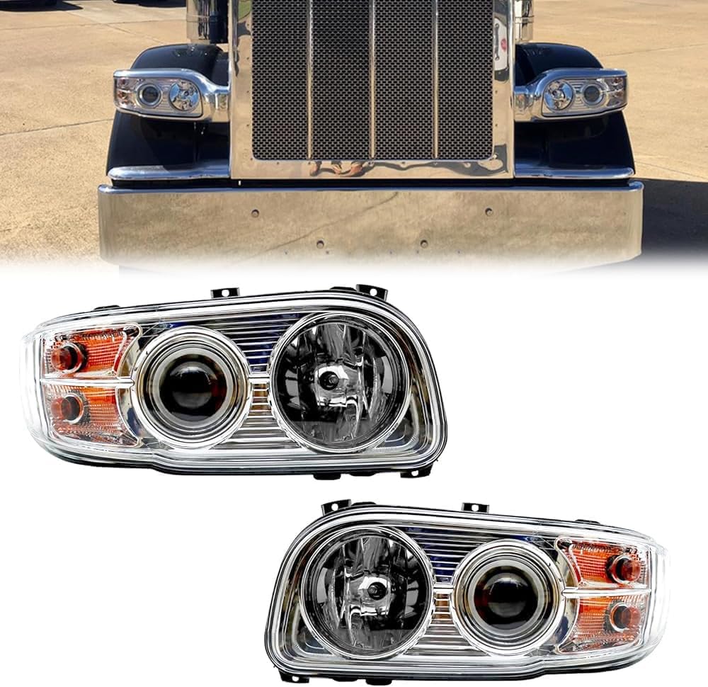 Headlight Assembly Fit for 2008-2018 Peterbilt 388-389, Halogen Headlights Headlamps W/Bulbs Chrome House (Pair of Headlight Assembly)