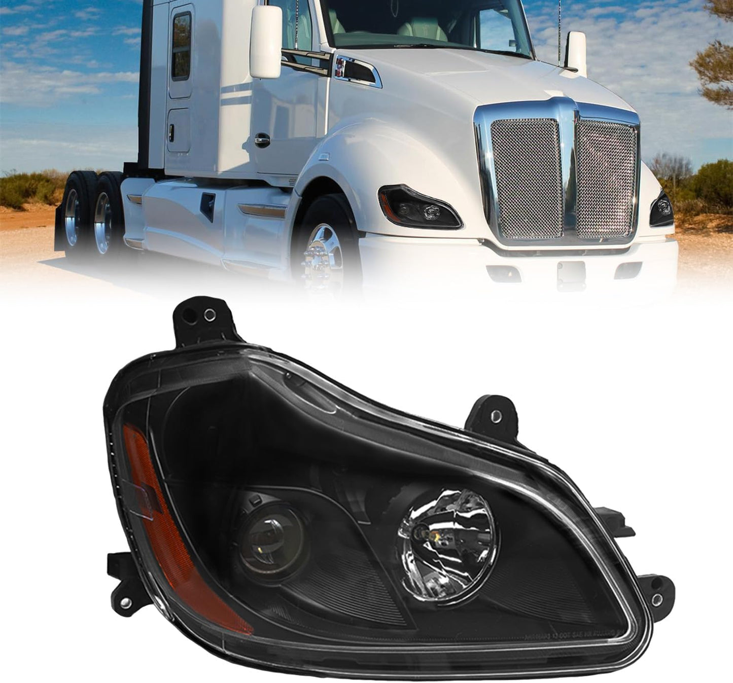 Headlight Assembly Fit for Kenworth T680 2013-2021, Halogen Headlights Headlamps W/Bulbs Chrome House Right Headlight Assembly