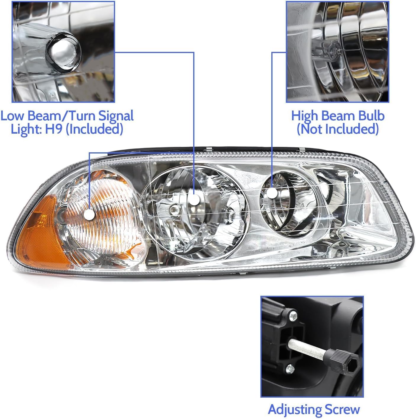 Headlight Assembly Fit for MACK GU4 GU5 GU7 CT713 GU8 CX CXN CXU CTP Semi Trucks, Pair of Chrome Headlamp Passenger Side Halogen,Bulbs Included