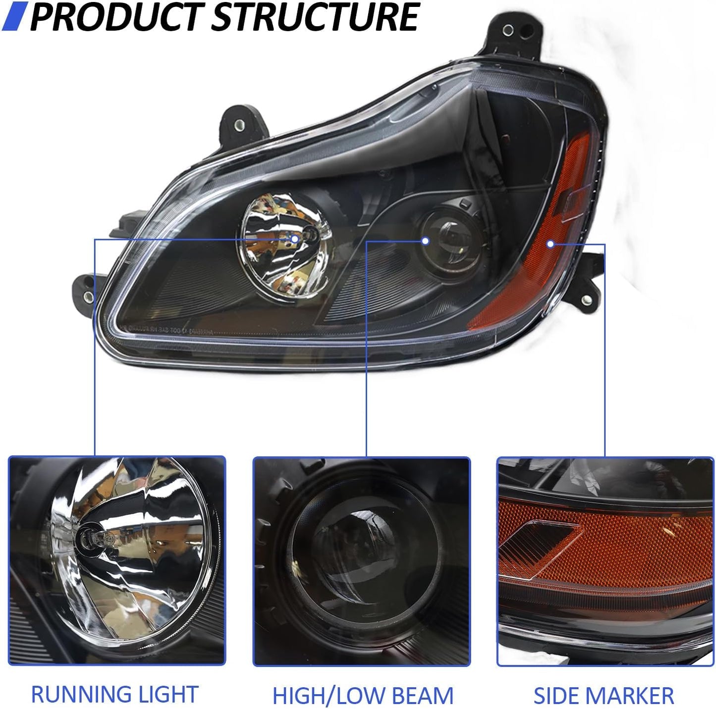 Headlight Assembly Fit for Kenworth T680 2013-2021, Halogen Headlights Headlamps W/Bulbs Black House Black, A Pair of Headlight Assembly