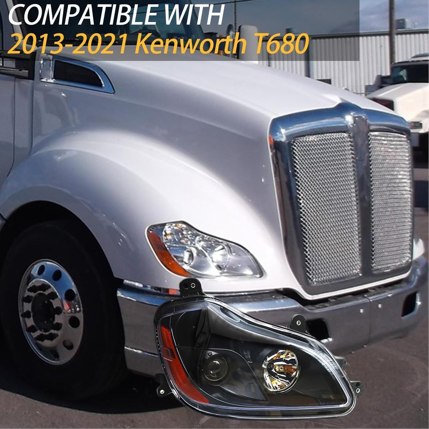 Headlight Assembly Fit for Kenworth T680 2013-2021, Halogen Headlights Headlamps W/Bulbs Chrome House Right Headlight Assembly