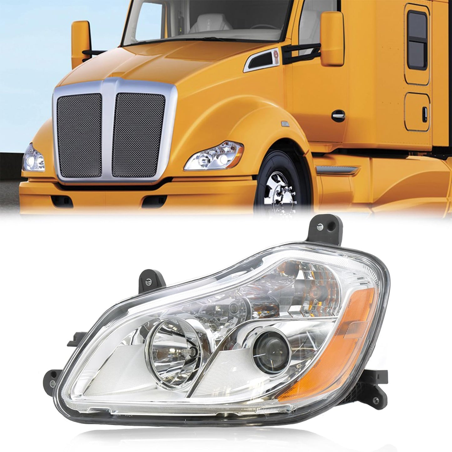 Headlight Assembly Fit for Kenworth T680 2013-2021, Halogen Headlights Headlamps W/Bulbs Chrome House Left Headlight Assembly
