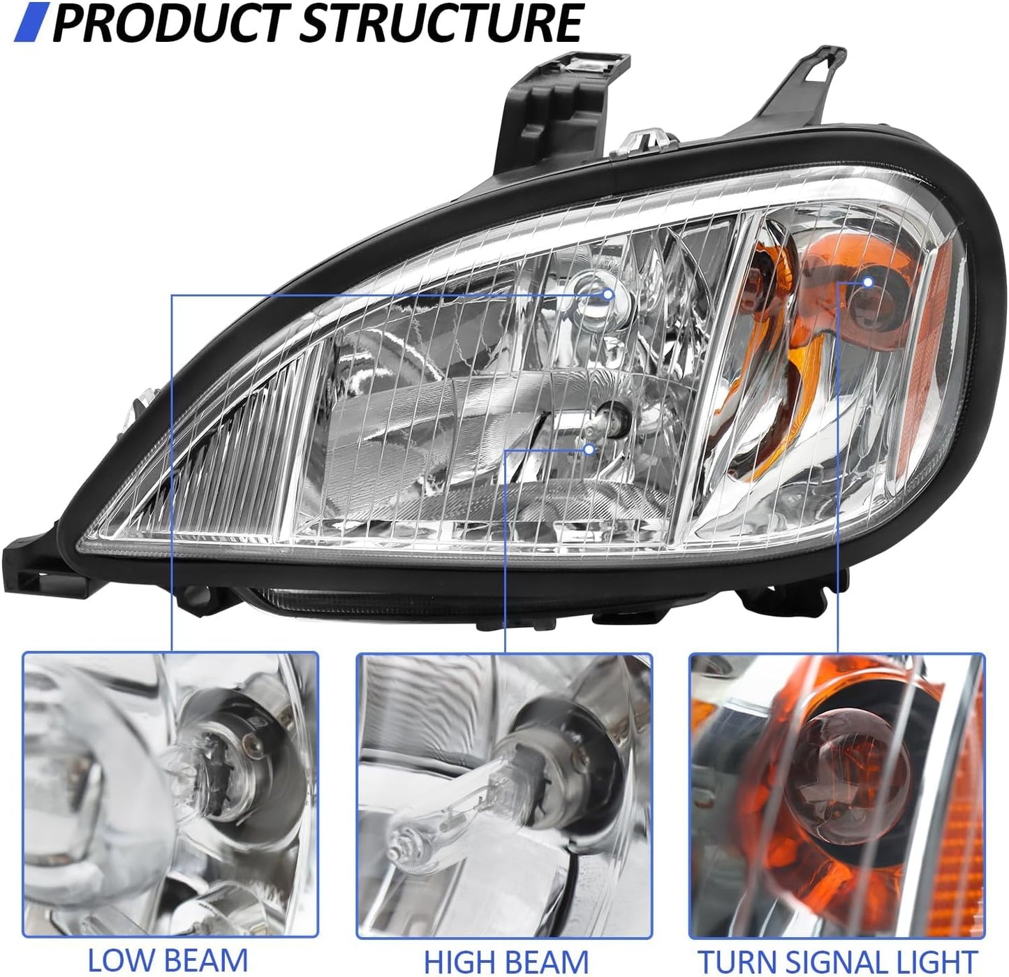 Headlights Assembly Fit For 2004-2017 Freightliner Columbia, Chrome Housing And Amber Reflector Headlamps (Chrome)