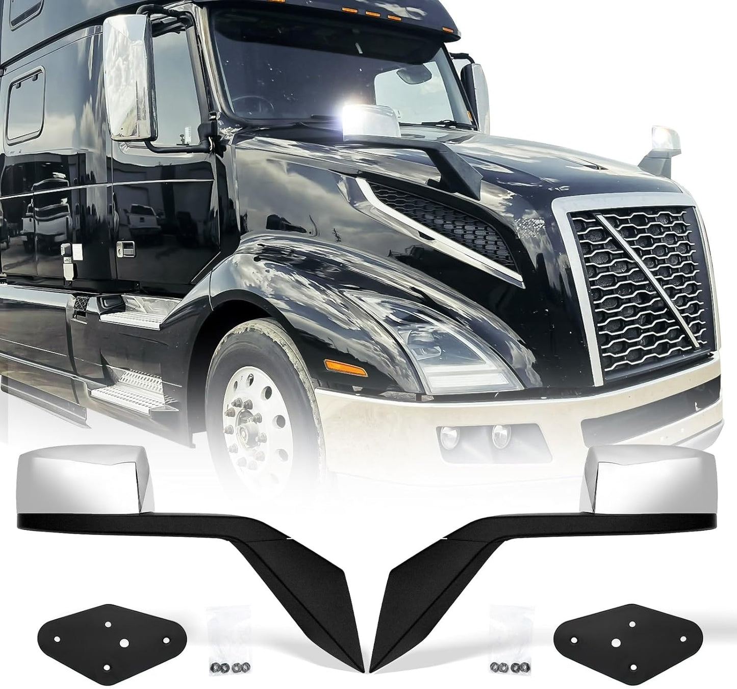 Hood Mirror Assembly for Volvo VNL(2004-2014),Truck Hood Mirror with Arm Replacement for Volvo VNL Left Driver Side and Right Passenger Side (A Pair) (Chrome)