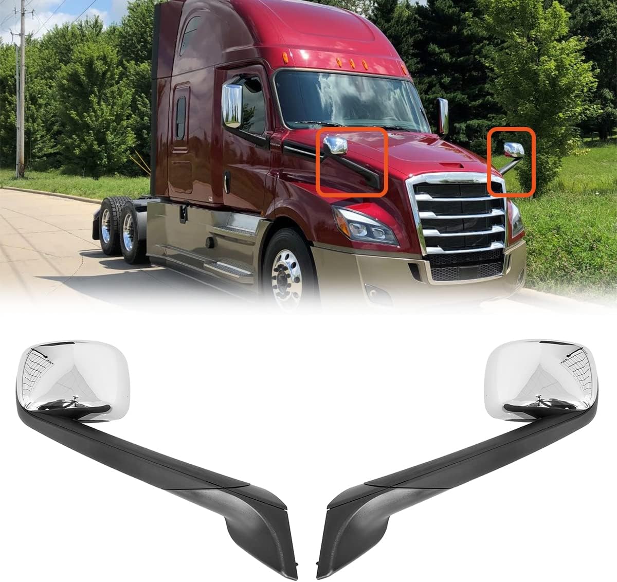 US Warehouse Local Stock Heated Pair Set Chrome Hood Mirror Fit for Freightliner New Cascadia 2018+ LH+RH Side