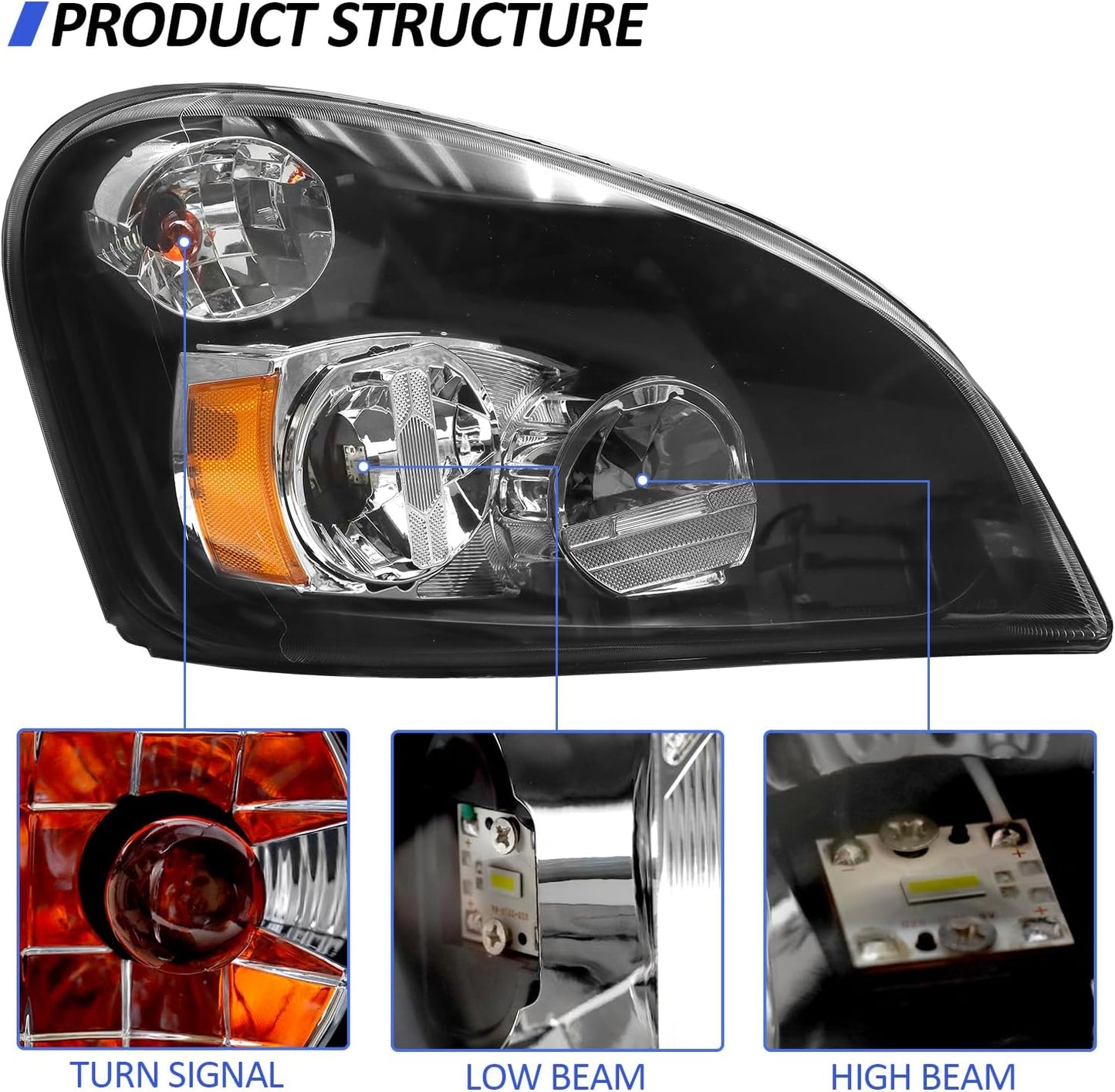 Headlight Assembly Compatible with 2008-2017 Freightliner Cascadia, LED Headlamps Assembly Black Interior Clear Lens Left Driver