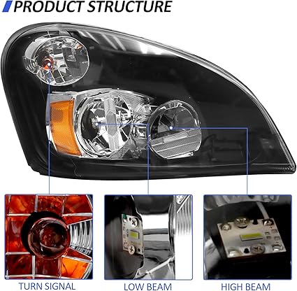 pair Headlight Assembly Compatible with 2008-2017 Freightliner Cascadia, LED Headlamps Assembly Black Interior Clear Lens Left Driver and Right Passenger Side