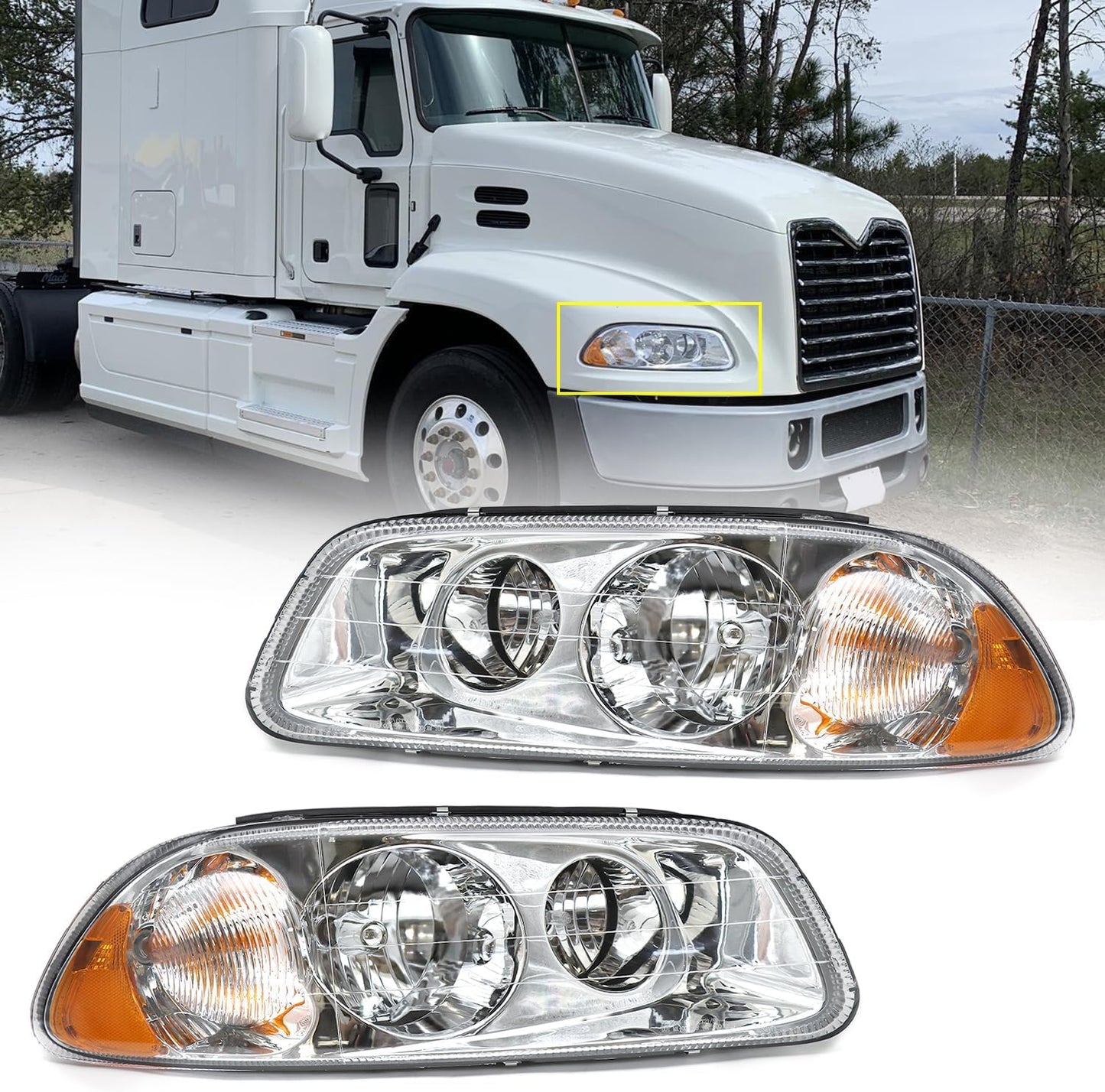 Headlight Assembly Fit for MACK GU4 GU5 GU7 CT713 GU8 CX CXN CXU CTP Semi Trucks, Pair of Chrome Headlamp Left/Driver & Right/Passenger Side Halogen,Bulbs Included