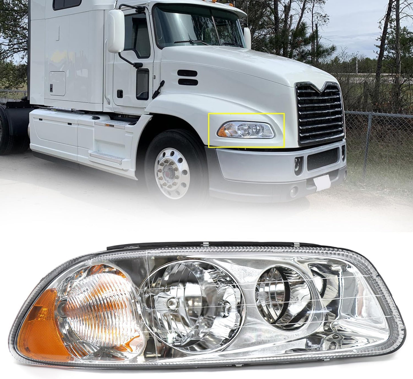 Headlight Assembly Fit for MACK GU4 GU5 GU7 CT713 GU8 CX CXN CXU CTP Semi Trucks, Pair of Chrome Headlamp Passenger Side Halogen,Bulbs Included