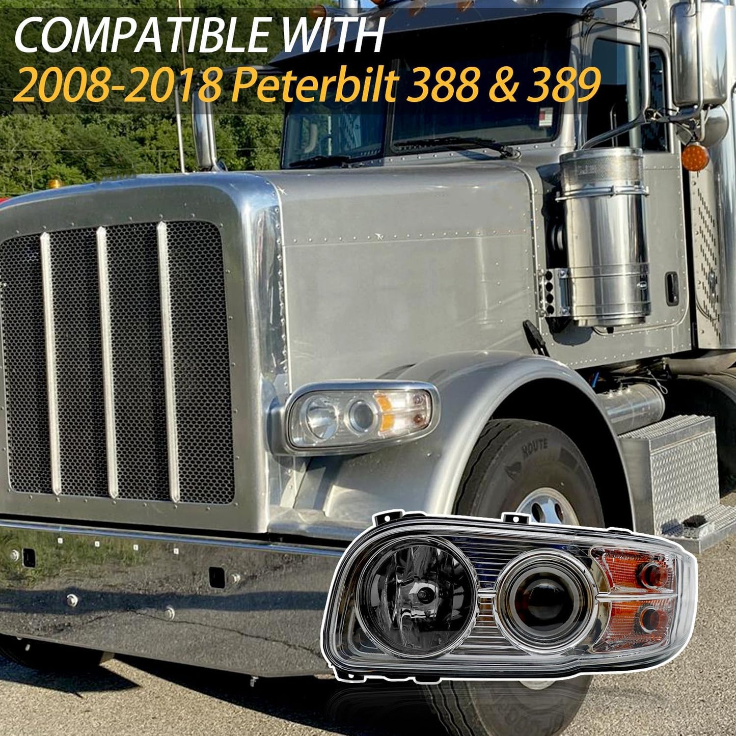 Headlight Assembly Fit for 2008-2018 Peterbilt 388-389, Halogen Headlights Headlamps W/Bulbs Chrome House (Left Headlight Assembly)