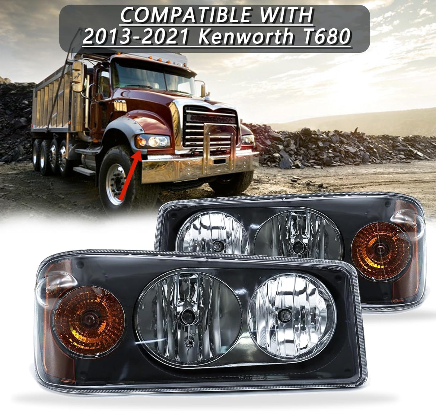 Headlights Assembly Fit for Mack Granite GU713 Lamp with Halogen Bulbs and Warm White,Both Sides Compatible with Select Mack Model Right Passenger,Left Driver Side (pair)