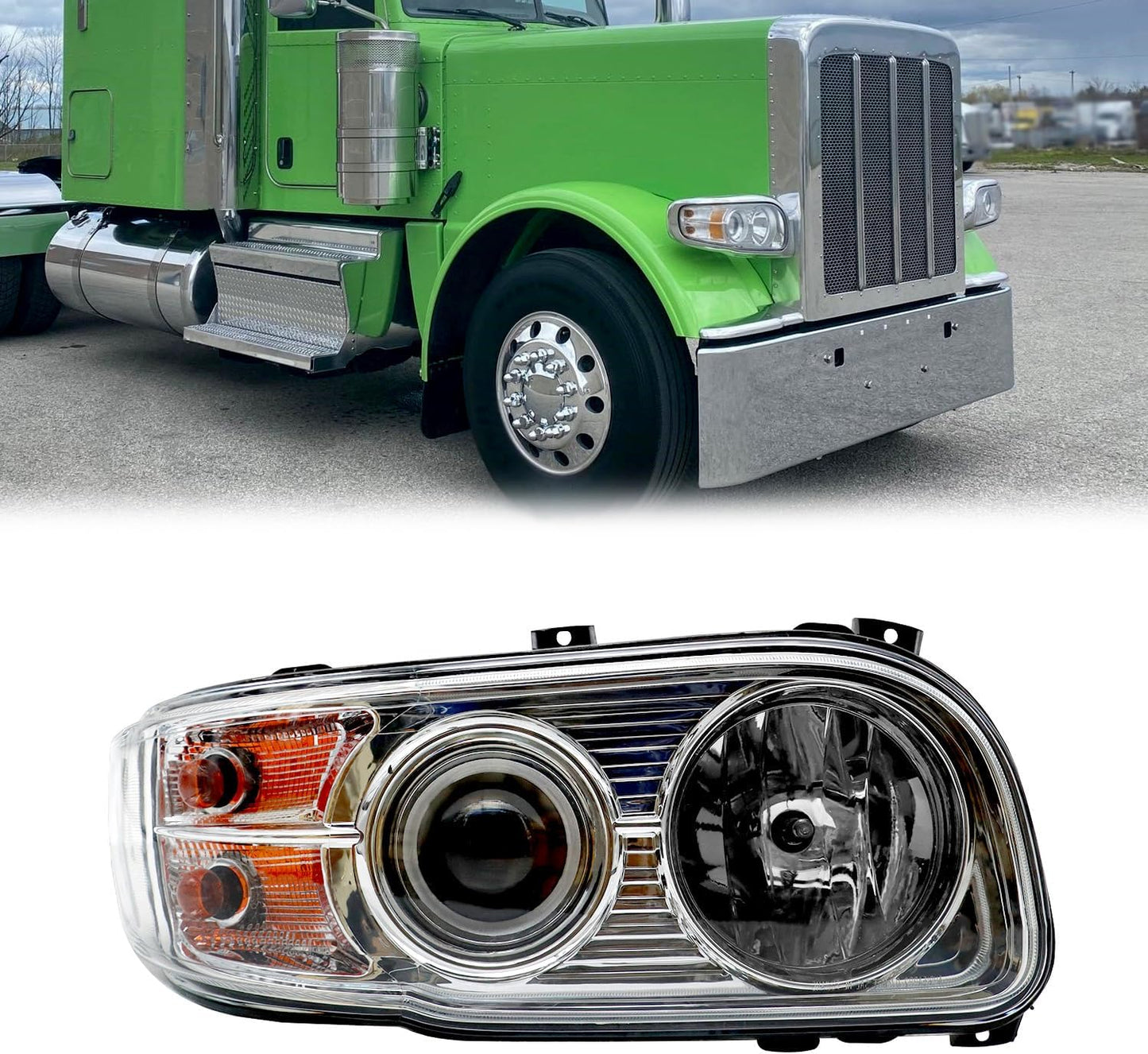 Headlight Assembly Fit for 2008-2018 Peterbilt 388-389, Halogen Headlights Headlamps W/Bulbs Chrome House (Right Headlight Assembly)