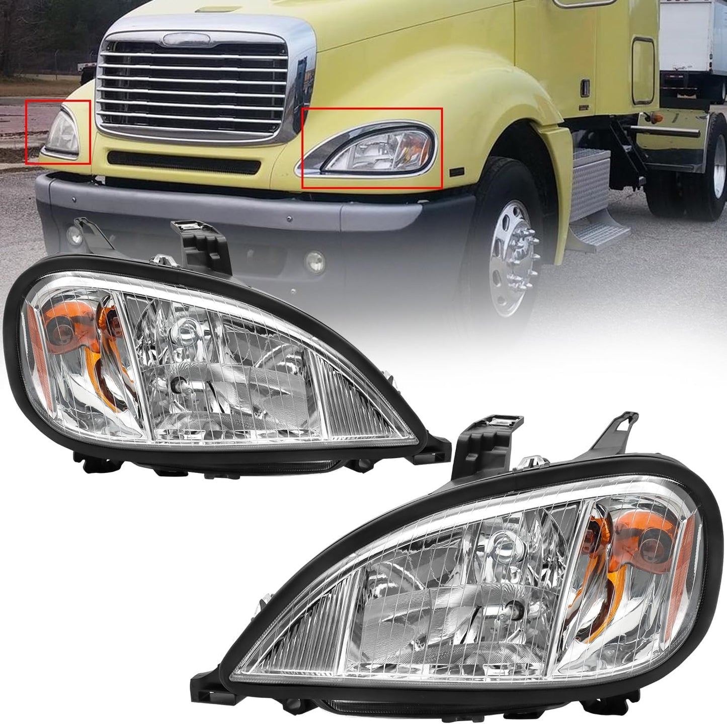 Headlights Assembly Fit For 2004-2017 Freightliner Columbia, Chrome Housing And Amber Reflector Headlamps (Chrome)