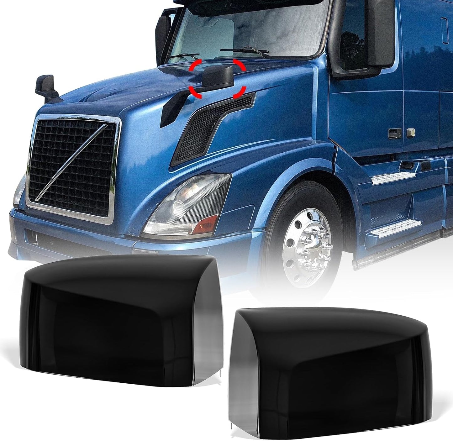 Chrome Hood Mirror Cover for Volvo VNL VN VNM Semi Trucks 2004-2017, Driver Left & Passenger Right Side (A Pair)