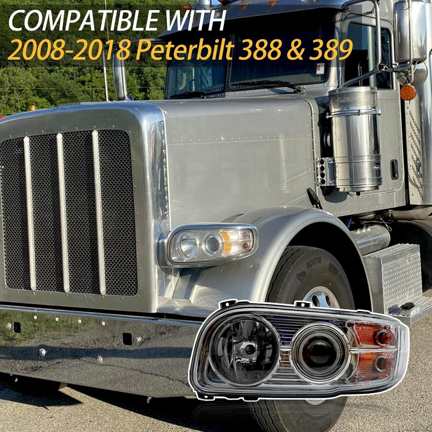 Headlight Assembly Fit for 2008-2018 Peterbilt 388-389, Halogen Headlights Headlamps W/Bulbs Chrome House (Pair of Headlight Assembly)