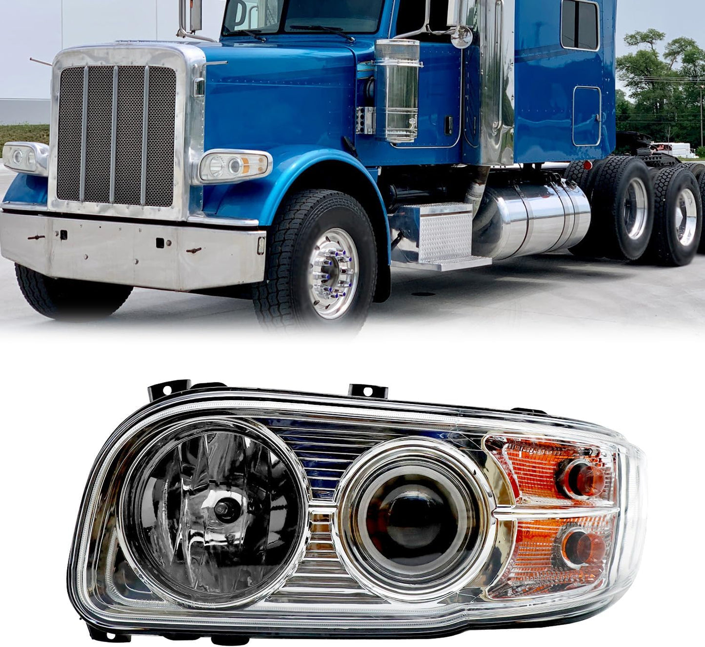 Headlight Assembly Fit for 2008-2018 Peterbilt 388-389, Halogen Headlights Headlamps W/Bulbs Chrome House (Left Headlight Assembly)