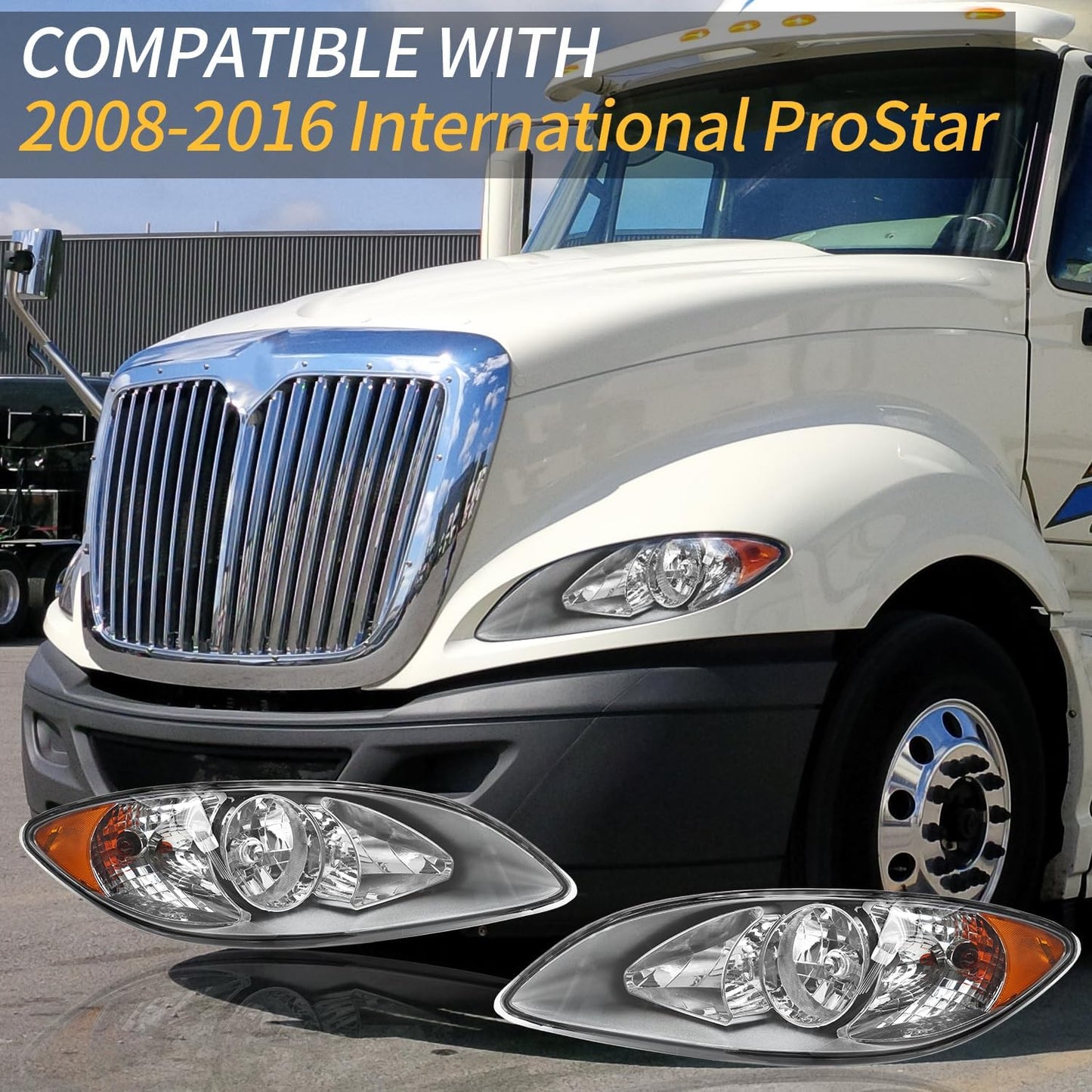 Headlights Assembly Fit for 2008-2016 International ProStar,Halogen Headlamps Assembly, Driver and Passenger Side(Chrome Left Right)