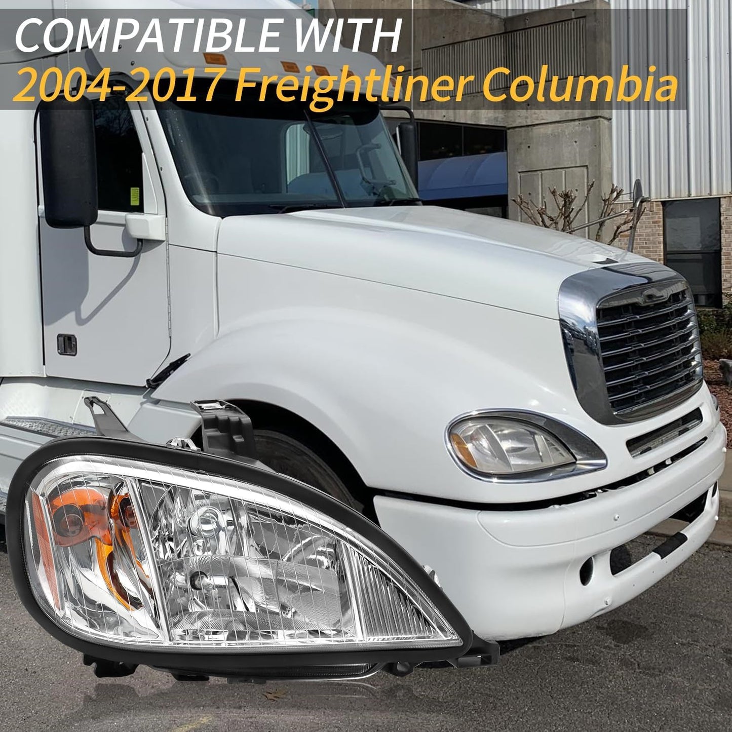 Headlights Assembly Fit For 2004-2017 Freightliner Columbia, Chrome Housing And Amber Reflector Headlamps (Chrome)