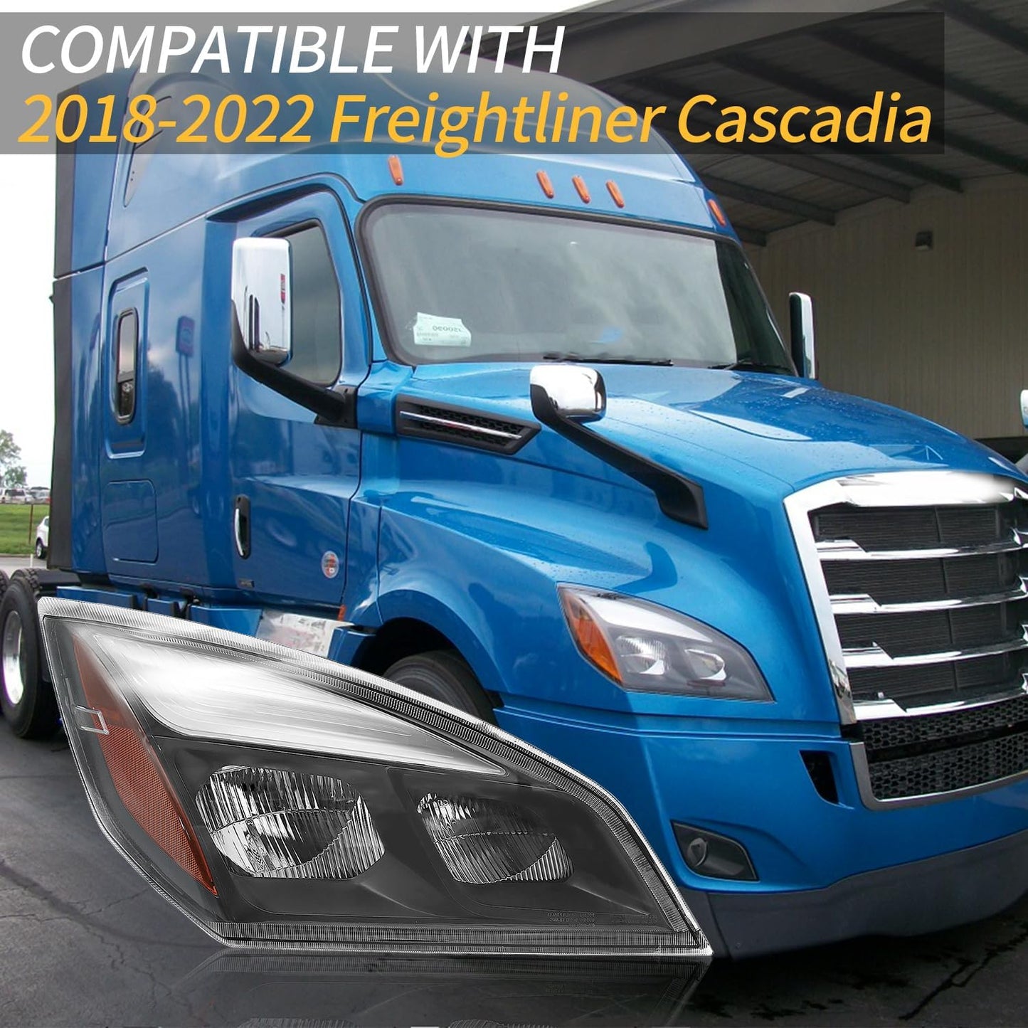 New Body Style Halogen Headlight Assembly Fit for Freightliner Cascadia 2018+,Right, Headlamps, Black Housing