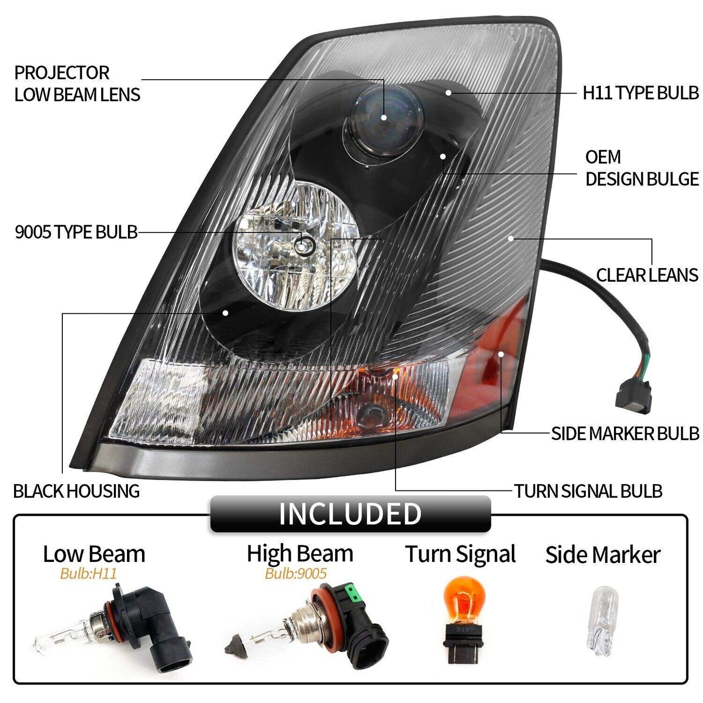 For Volvo VNL 2004-2017 Semi Truck Black Projector Halogen Headlight Left