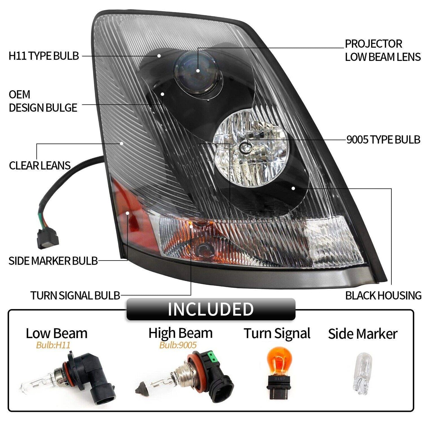 For Volvo VNL 2004-2017 Semi Truck Black Projector Halogen Headlight Right