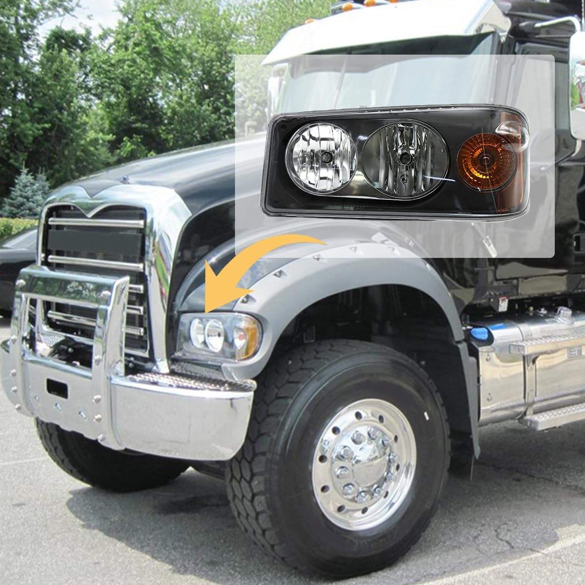 Headlights Assembly Fit for Mack Granite GU713 Lamp with Halogen Bulbs and Warm White,Both Sides Compatible with Select Mack Model Right Passenger