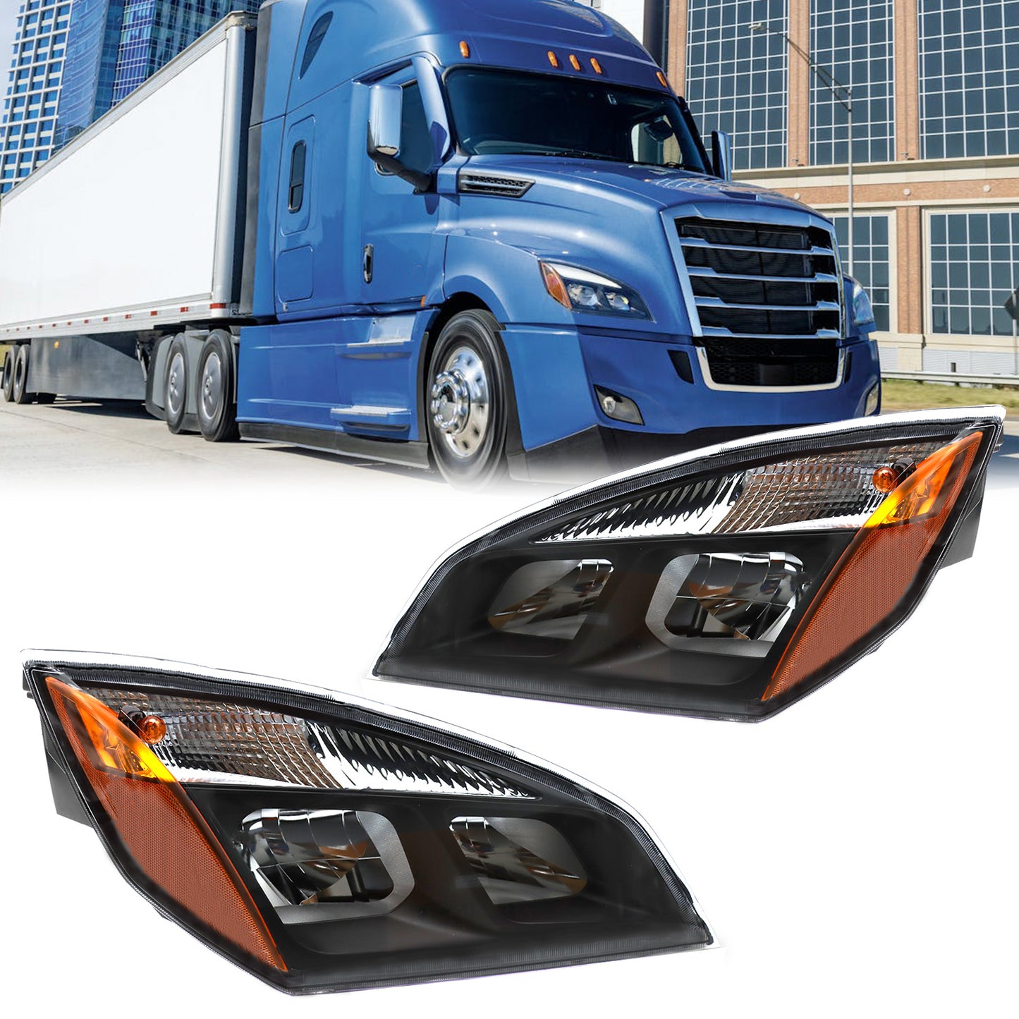 New Body Style Halogen Headlight Assembly Fit for Freightliner Cascadia 2018+, Pair Set, Headlamps, Black Housing
