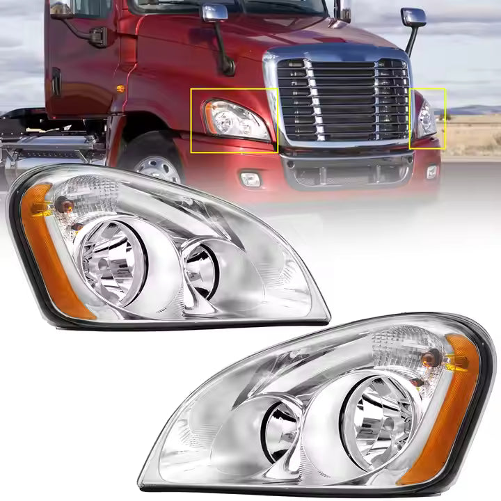 Headlights Assembly FIT for Freightliner Cascadia 2008-2017, Sold As Pair, Chrome Housing and Amber Reflector