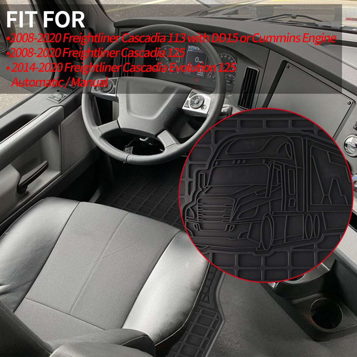 Fronts Rubber All-Weather OEM Floor Mats Fits 2008-2017 Freightliner Cascadia, 3 Pcs