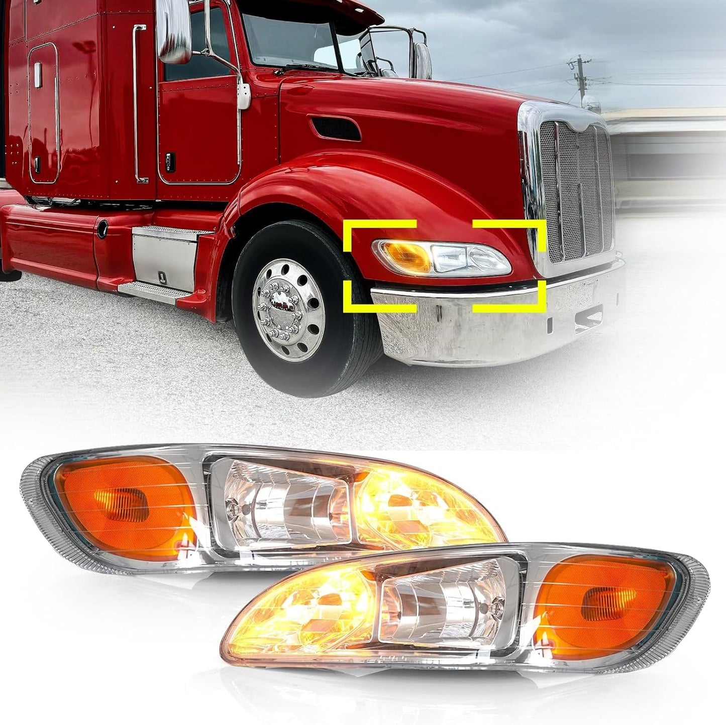 For Peterbilt 386 Headlight Pair Assembly Chrome