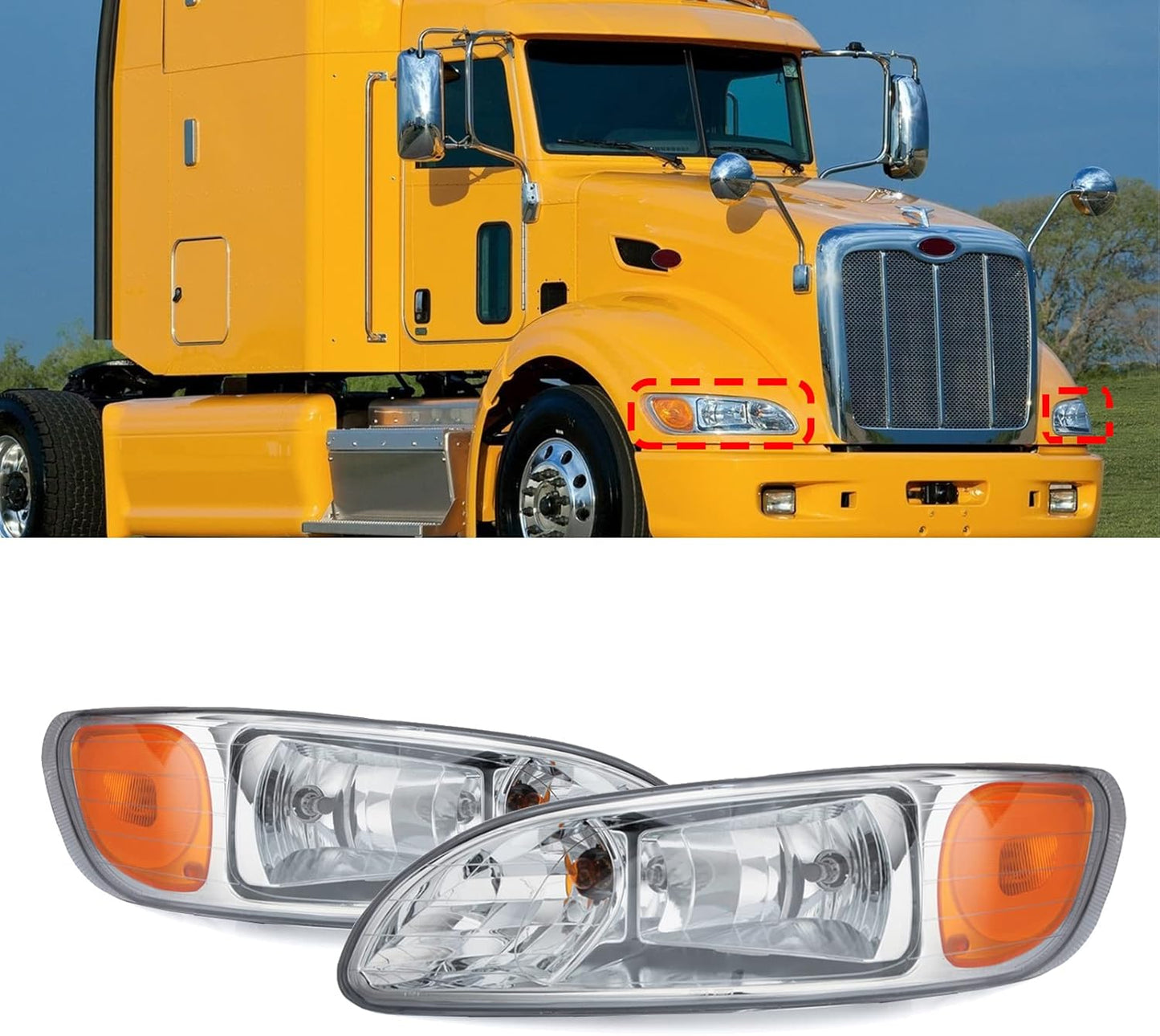 For Peterbilt 386 Headlight Pair Assembly Chrome