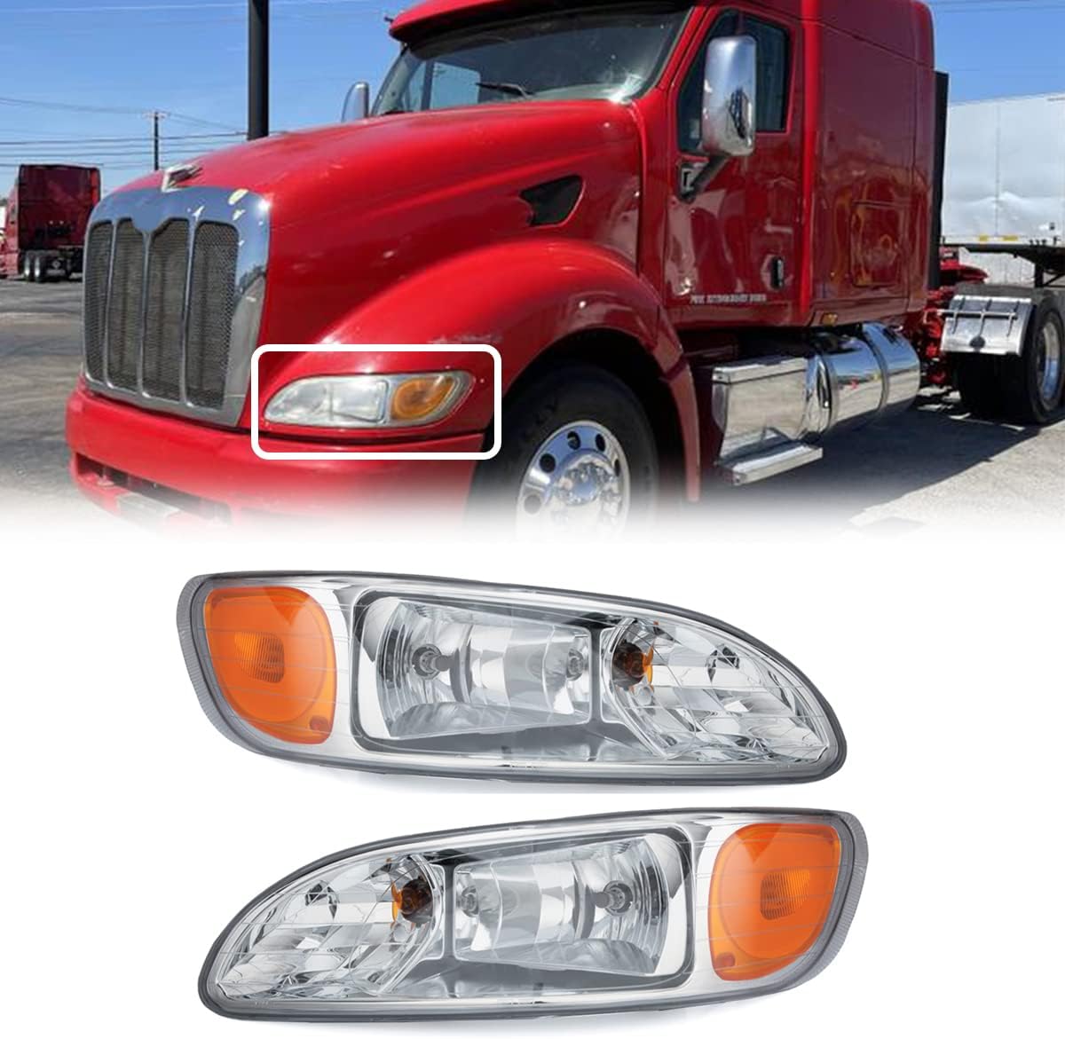 For Peterbilt 386 Headlight Pair Assembly Chrome