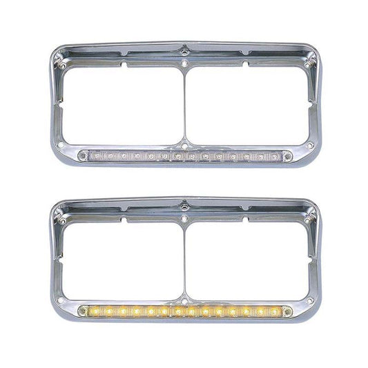 Chrome Headlight Bezels 12" Amber LED Light with Visor 4x6 Light Strip Replacement for Kenworth T400 T600 T800 W900B W900L