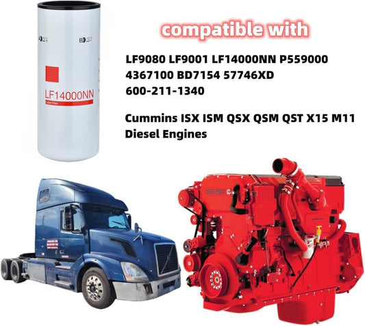 LF14000NN Oil/Lube Filter fits for Cummins ISX ISM QSX QSM QST X15 M11 Diesel Engines compatible with LF9080 LF9001 LF14000NN P559000 4367100 BD7154 57746XD