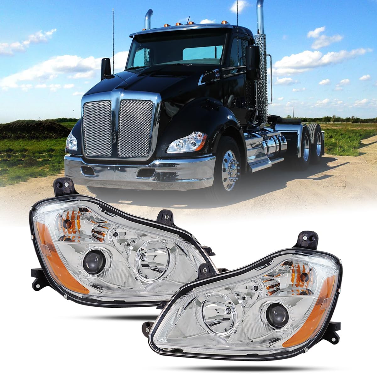 2013-2021, KENWORTH-T680 Headlight assembly, US version, halogen, with bulb, white frame, white cover, orange reflector, left+right