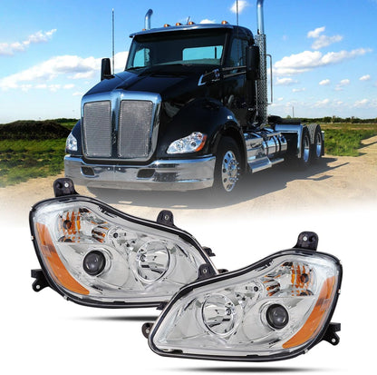 2013-2021, KENWORTH-T680 Headlight assembly, US version, halogen, with bulb, white frame, white cover, orange reflector, left+right
