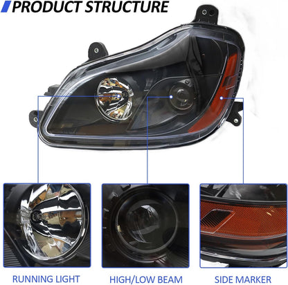 Headlight Assembly Fit for Kenworth T680 2013-2021, Halogen Headlights Headlamps W/Bulbs Black House Black, A Pair of Headlight Assembly