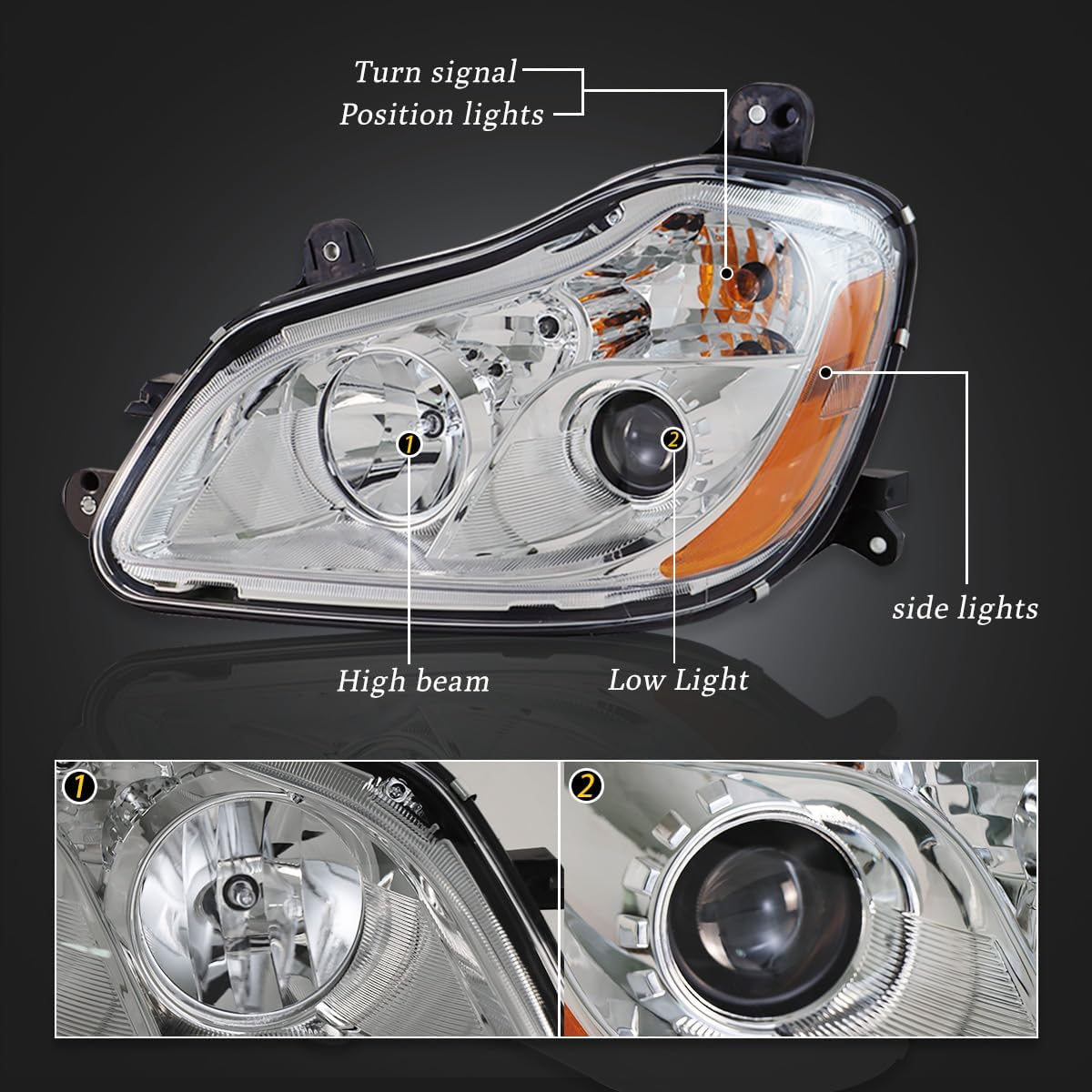 2013-2021, KENWORTH-T680 Headlight assembly, US version, halogen, with bulb, white frame, white cover, orange reflector, left+right