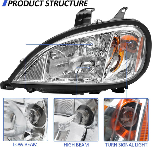 Headlights Assembly Fit For 2004-2017 Freightliner Columbia, Chrome Housing And Amber Reflector Headlamps (Chrome)